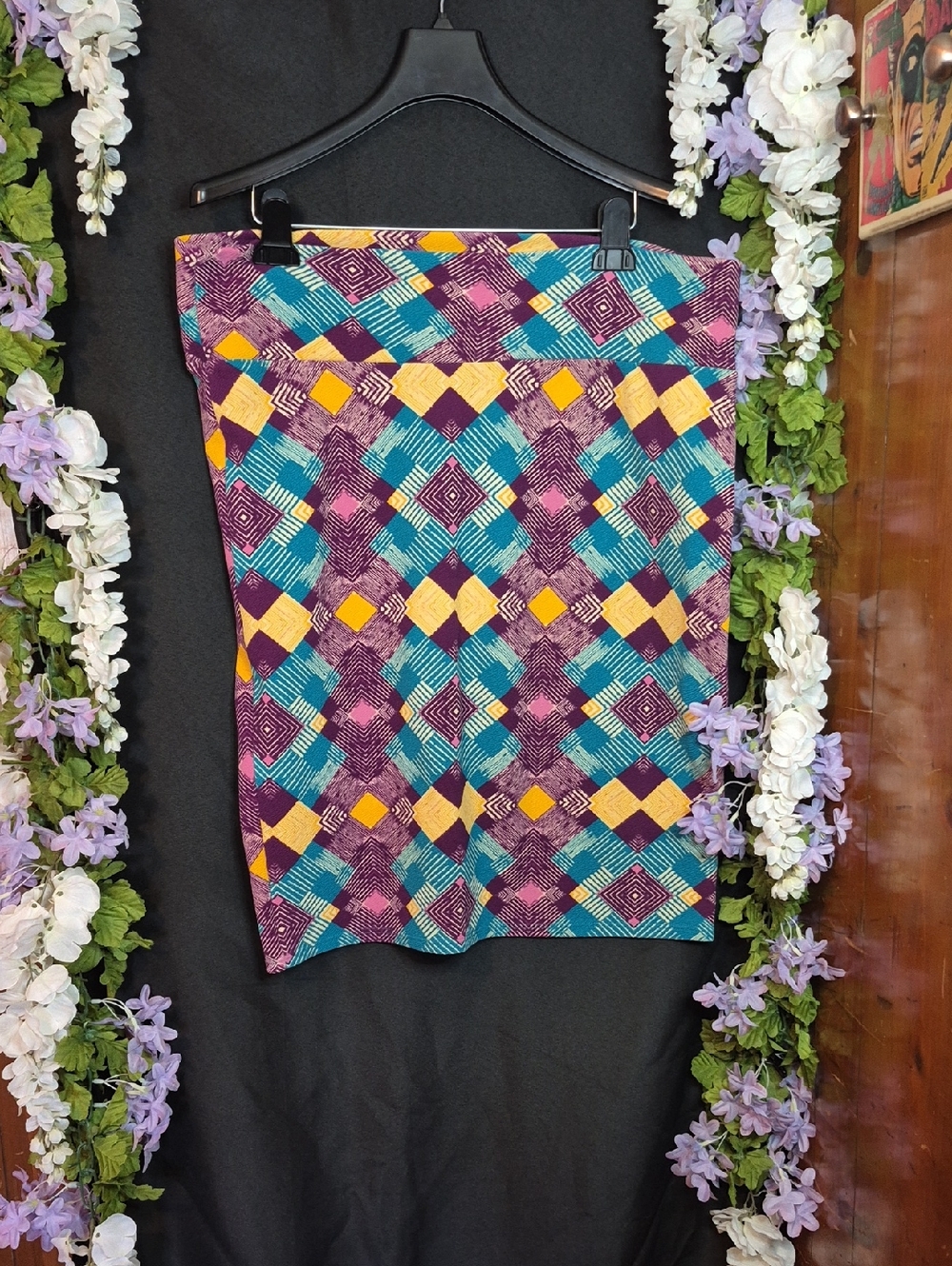 LuLaRoe Geometric Colorblock Pencil Skirt in Purple, Teal & Yellow